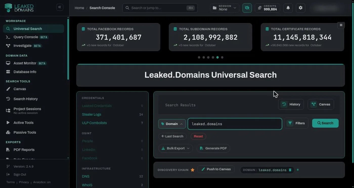 Universal Search with a domain search ready to run